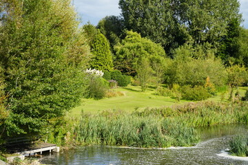 Tranquil Lake Scene with Lush Green Foliage and Wooden Jetty at Clumber Park, Nottinghamshire, England