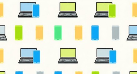 Colorful Pattern of Laptops and Smartphones on White Background