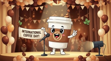 Joyful coffee cup character celebrating International Coffee Day with a microphone and balloons