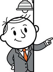Cartoon Businessman Pointing with Smile Beside Bell Light Pole – Minimal Corporate Character for Instructional, Promotional, or Presentation Use