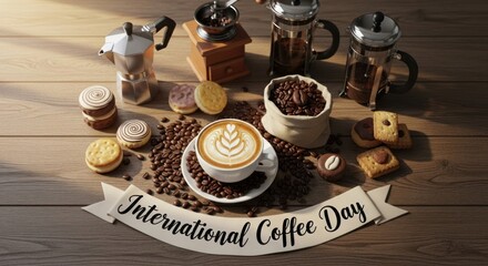 Artfully crafted latte art with coffee beans and pastries celebrates International Coffee Day.