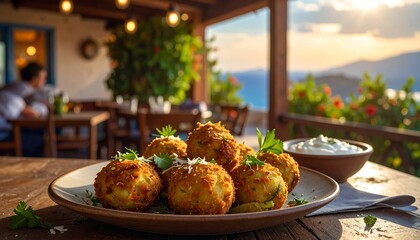 Crispy vegetable balls on a patio overlooking the sea