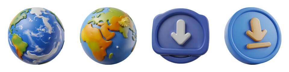 A set of four different icons depicting earth globes and download symbols in a row view on transparent background