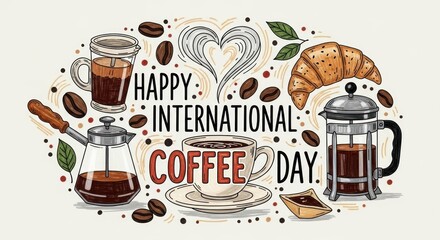 Joyful celebration of International Coffee Day with delicious treats and warm beverages.