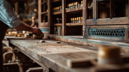 Woodworker sanding antique wooden cabinet