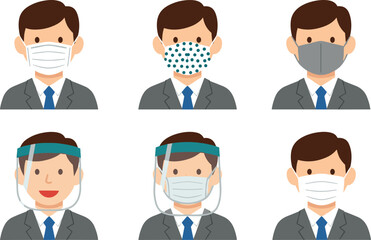 Cartoon Businessman Wearing Various Face Masks and Shields for Health Protection, Safety Equipment, Pandemic Prevention, Hygiene, and Virus Defense