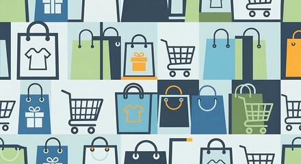 Colorful Shopping Bags Trolley Cart Pattern on Bright Background for Retail and E-commerce Marketing