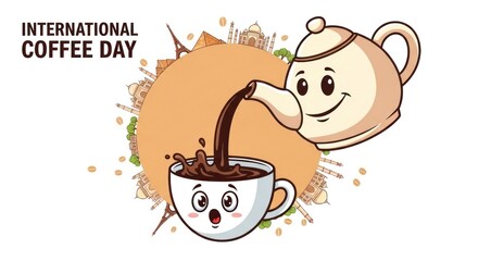 Joyful celebration of International Coffee Day with a cute coffee pot pouring into a surprised mug.