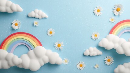 Pastel rainbow, clouds, and daisies on a light blue background