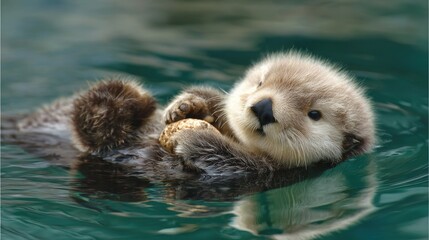 Cute sea otter pup floats on water (1)