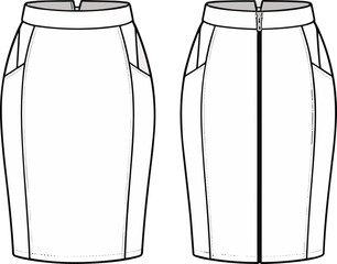 Pencil skirt CAD flat with waistband panel seams and back zipper, women’s skirt fashion vector template technical flat front and back views