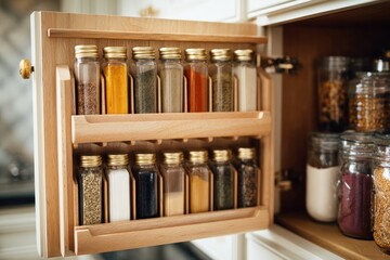 Wooden spice rack in kitchen cabinet