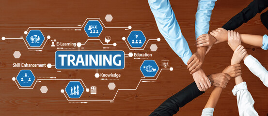 This image depicts a collaborative training and education concept with diverse hands uniting over a...