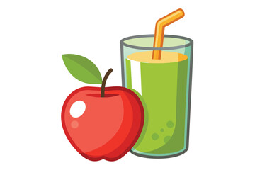 Fresh red apple stands beside a glass containing a smoothie with a straw