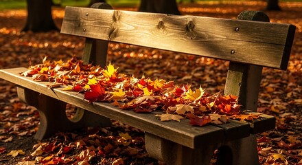 Empty Wooden Park Bench Covered with Autumn Leaves in Sunlit Forest Setting