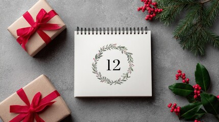 Festive countdown with gift boxes and holiday greenery, marking day 12.
