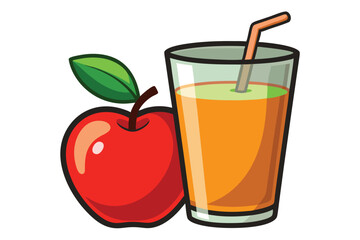 Cartoon styled red apple appears beside glass filled with colorful juice and straw