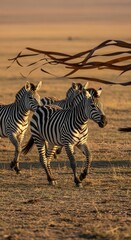 Obraz premium Capture the Exquisite Beauty A Dynamic Snapshot of Zebras in Motion, Showcasing the Striking Patterns and Graceful Run Across the African Savanna