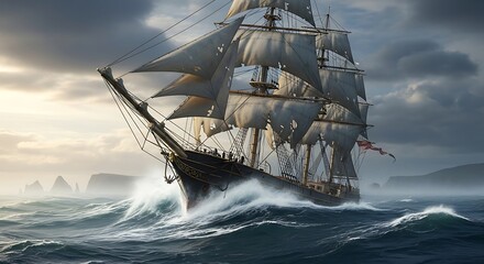 Obraz premium Majestic Tall Ship Sailing on Choppy Seas Under Ominous Skies
