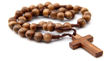 Wooden rosary beads with cross symbol, representing faith and prayer