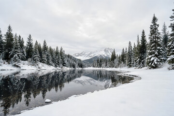 Fototapeta premium Snow-covered landscape with evergreen trees and reflective river in winter 