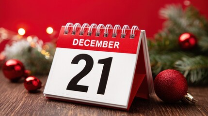 Festive calendar shows December 21st with Christmas decorations and bokeh lights