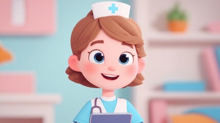 Smiling 3D cartoon woman nurse with a stethoscope. Digital medical character for healthcare technology and telemedicine concept. Pediatric care.