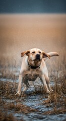 Golden Labrador Retriever Running in a Field, Happy Dog in Nature