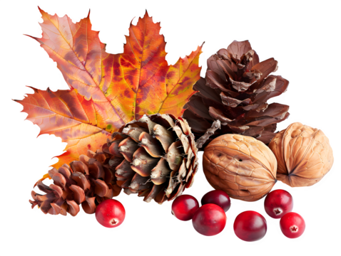 Creative advertising ready photo of highly detailed autumn-themed composition isolated , featuring two large maple leaves with vibrant fall color Isolated to Transparent Background - Powered by Adobe