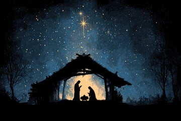 Peaceful nativity scene under a starry night sky with a guiding star shining bright.
