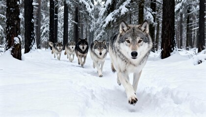 Fototapeta premium Pack of wolves running through snowy forest, dynamic and realistic winter scene