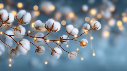 winter wonderland delicate christmas branch with cotton buds and golden lights on blue background