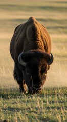 Majestic American bison gracefully grazes across a sun-drenched, expansive grassland, embodying the untamed spirit of the wilderness during a tranquil golden hour, highlighting natural beauty