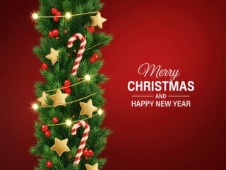 Festive Christmas tree garland adorned with lights, stars, and candy canes against a warm red background.
