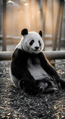 A charming giant panda sits contentedly on the ground, bathed in the soft, golden glow of sunrise or sunset, offering a peaceful glimpse into its calm demeanor and natural environment