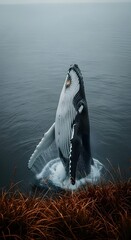 A breathtaking view of a magnificent humpback whale breaching the surface of the ocean, showcasing its grandeur and power, a stunning marine wildlife display