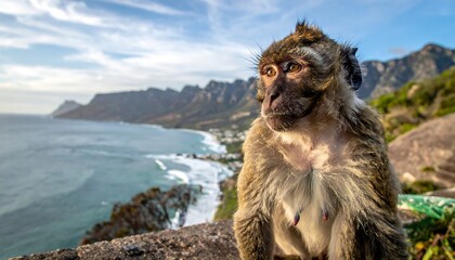 Naklejka premium Monkey overlooking a coastal landscape