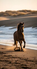 Majestic brown horse galloping freely along a sandy beach, with ocean waves and warm sunlight creating a serene outdoor scene