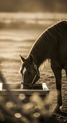 A beautiful brown horse with a white blaze quenches its thirst from a wooden trough during a serene golden hour sunset on a rustic farm