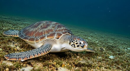 Obraz premium Majestic green sea turtle gracefully resting on the ocean floor habitat