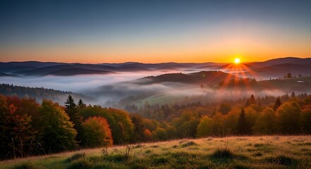 Sunrise Over Rolling Hills Forest with Mist in Vibrant Autumn Colors