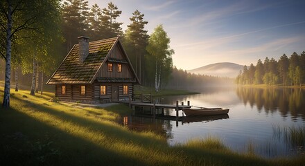 Idyllic lakeside cabin retreat at dawn in a serene nature setting