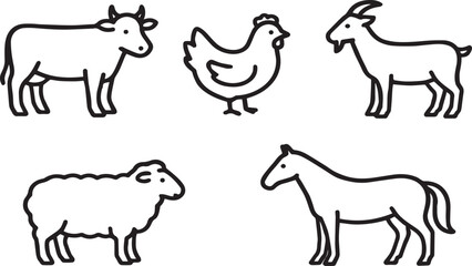 Farm animals outline illustration, cow, chicken, goat, sheep and horse in simple cartoon style