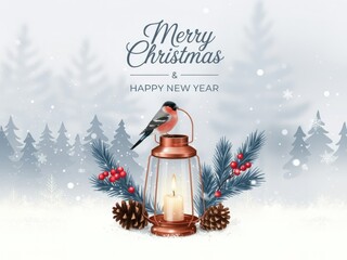 Festive bullfinch perches on a glowing lantern with pine branches and berries, celebrating winter holidays.