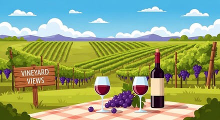 Vineyard Landscape with Wine Glasses and Bottle on Table in Sunny Countryside