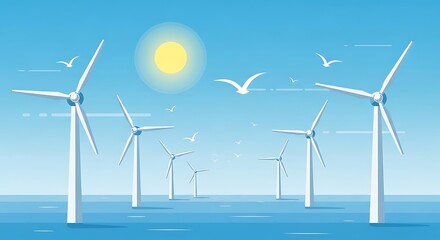 Wind Turbines in Bright Sunny Sky with Seagulls Over Ocean
