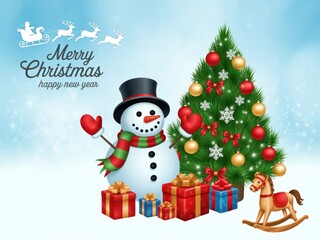 Joyful snowman with gifts and rocking horse under a decorated Christmas tree