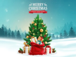 Festive Christmas tree adorned with lights and ornaments, overflowing with gifts in a snowy winter landscape.