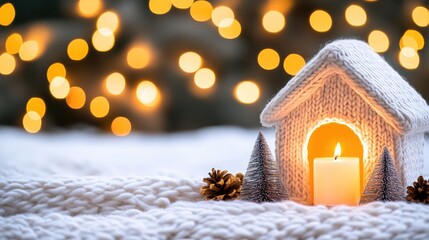Cozy Knit House Candle Festive Winter Scene