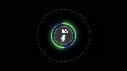 Neon loading animation counting from 0 to 56%, featuring a glowing green circle, and a charging connector on black background.